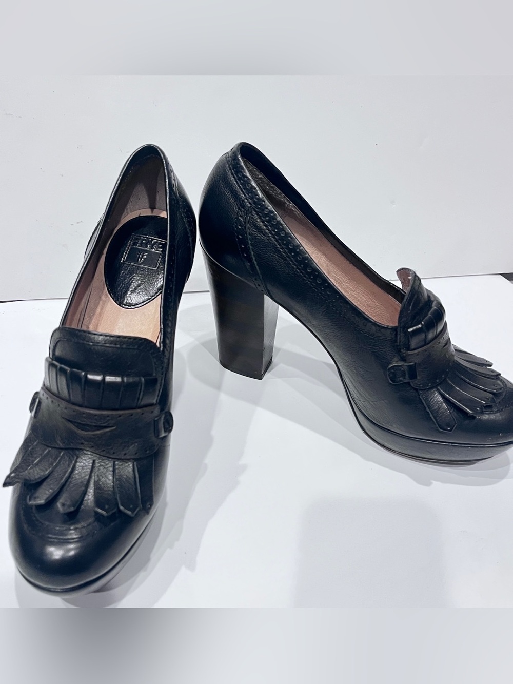 Frye Naya Kiltie Moc Heels Black Leather Loafer Pumps Size 10
